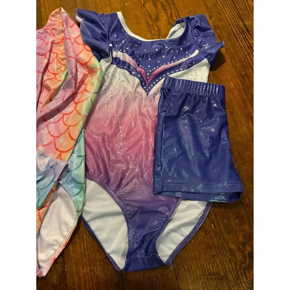 Girls Gymnastics Leotards Lot - Sizes 6 & 8 with Shorts (Mermaid & Ombre Styles)